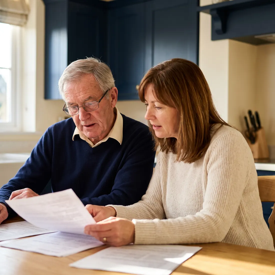 An older father and his adult daughter reviewing documents together